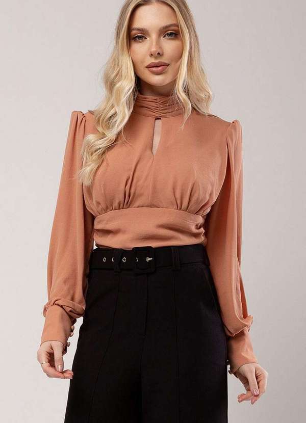 Miss Misses - Blusa Miss Misses Longa Chiffon Marrom