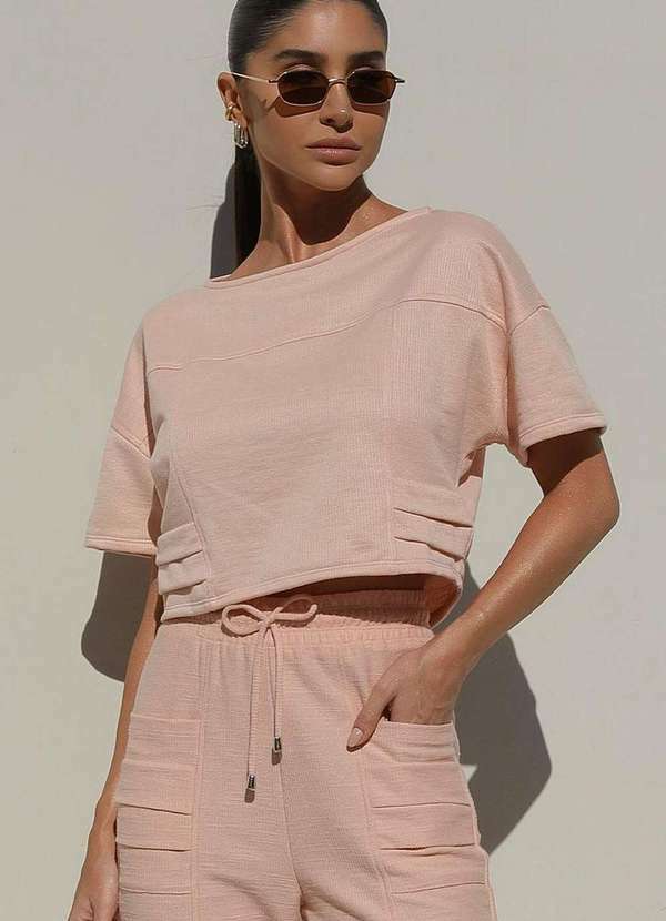 Miss Misses - Blusa Miss Misses Moletinho Manga Curta Offwhite Rosa