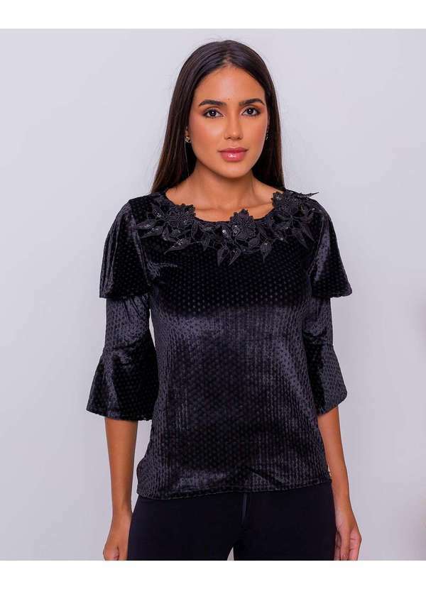 Miss Misses - Blusa Miss Misses Veludo com Guipir Preto Preto