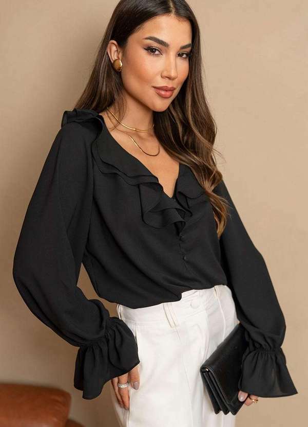 Miss Misses - Blusa Pamela C/Babado C/Botao Manga Longa Preto