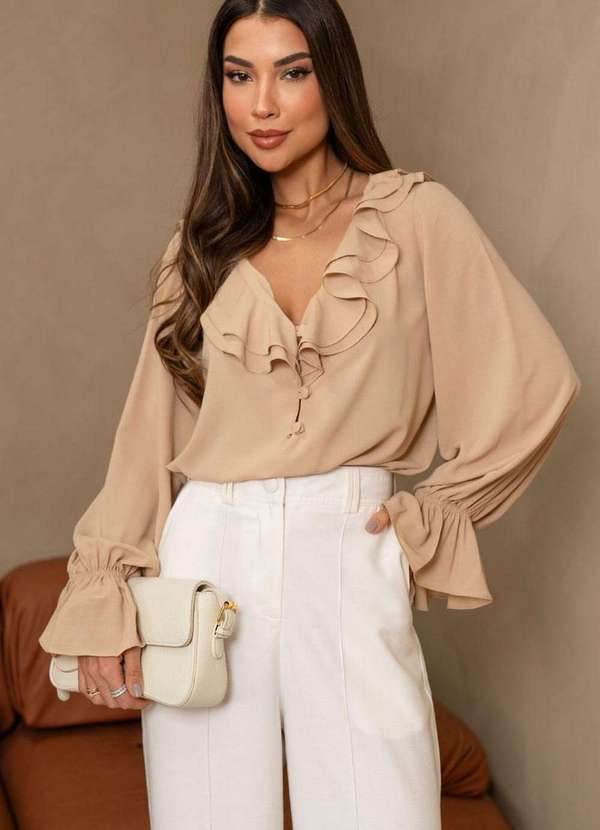 Miss Misses - Blusa Pamela C/Babado C/Botao Manga Longa Bege