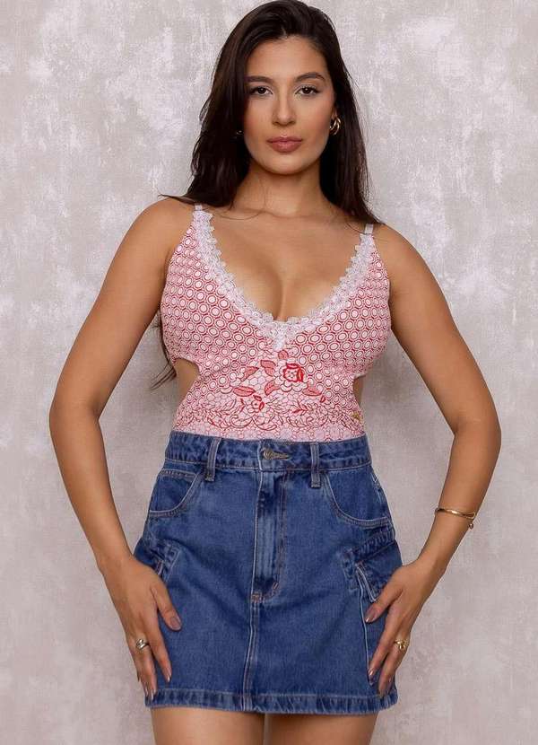 Limone - Body Limone Aberto Lateral com Guipir Estampado Vermelho