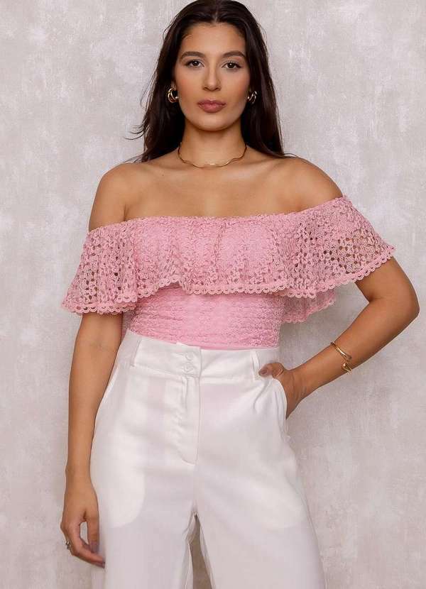 Limone - Body Limone Rendado com Babado Rosa