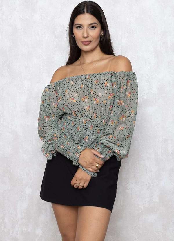 Limone - Cropped Limone Manga Longa Elastex Estampado Verde