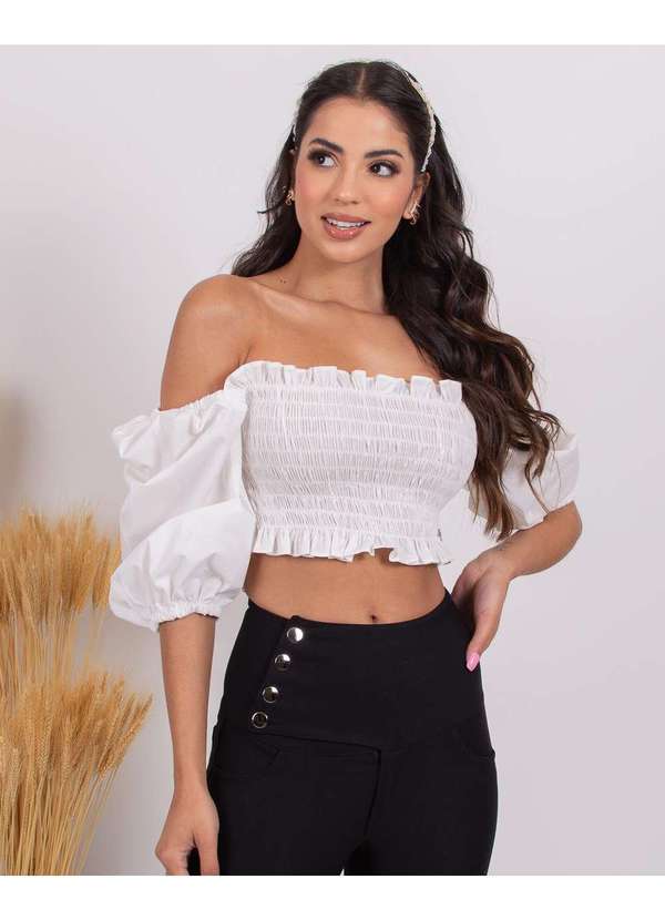 Miss Misses - Cropped Miss Misses Lastex com Mangas Princesa Branco Branco