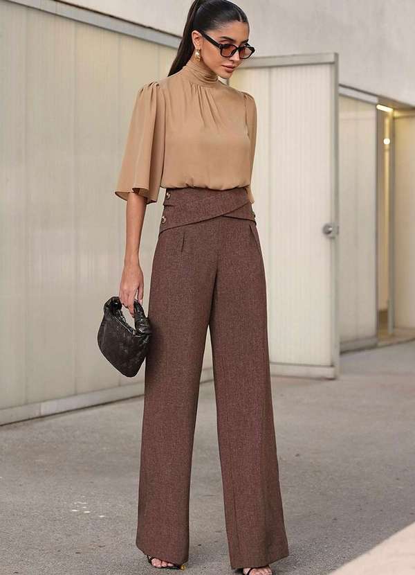 Dot Clothing - Calca Dot Clothing Alfaiataria Cruzado na Cintura Marrom