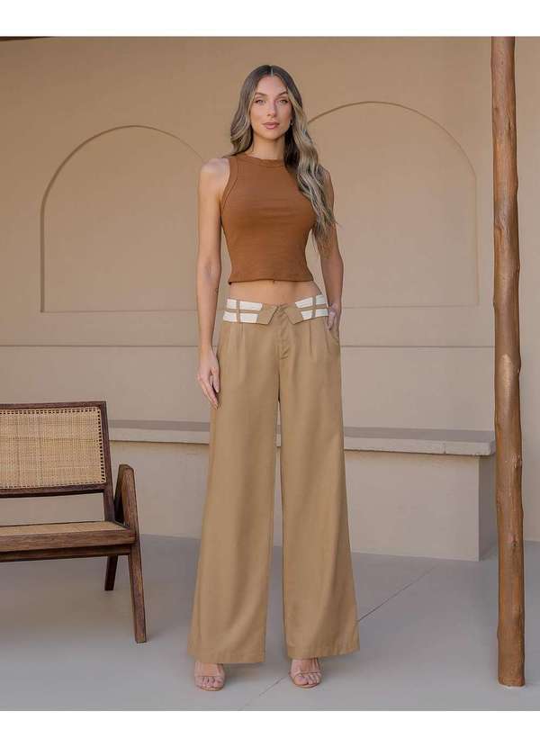 Dot Clothing - Calca Dot Clothing Wide Leg Cos Dobrado Caramelo Marrom