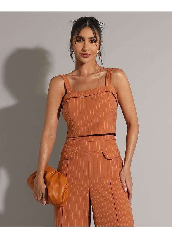 Miss Misses - Conjunto Miss Misses Risca de Giz Cropped e Calca Caramelo Marrom 4