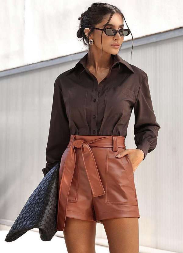 Dot Clothing - Camisa Cropped Dot Clothing Det Drapeado Cafe Marrom