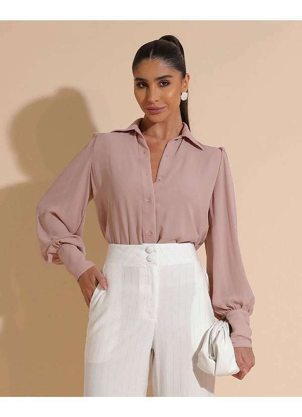 Miss Misses - Camisa Miss Misses Longa Chiffon Botoes Rosa