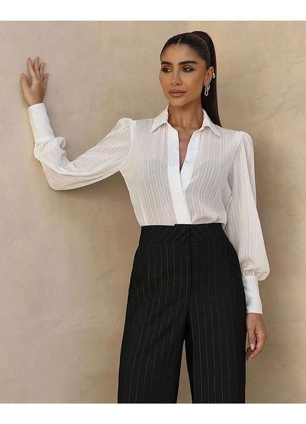 Miss Misses - Camisa Miss Misses Longa Chiffon Texturizado Off White Branco