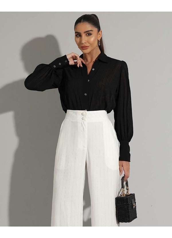 Miss Misses - Camisa Miss Misses Longa Chiffon Texturizado Preto Preto