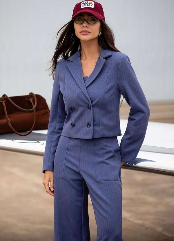 Dot Clothing - Blazer Curto Dot Clothing Risca de Giz Azul