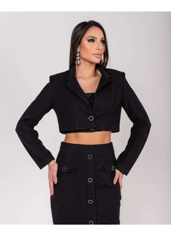 Miss Misses - Jaqueta Miss Misses Cropped Botao Tweed Preto Preto