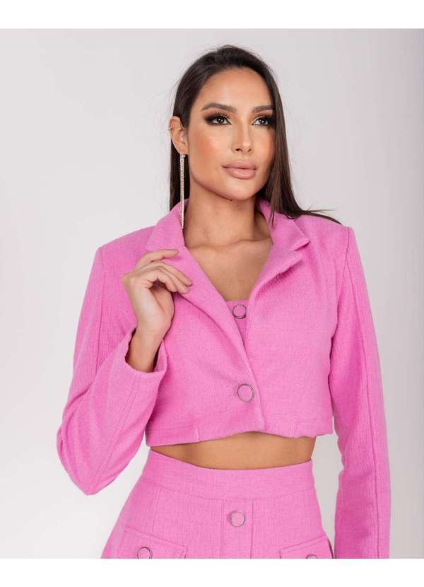 Miss Misses - Jaqueta Miss Misses Cropped Botao Tweed Rosa Rosa