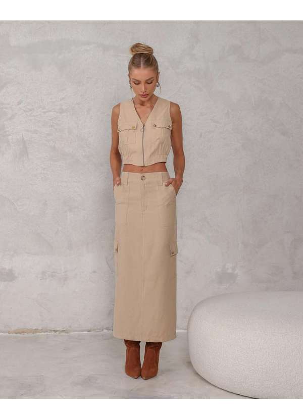 Dot Clothing - Conjunto Dot Clothing Saia Longa Bege Bege