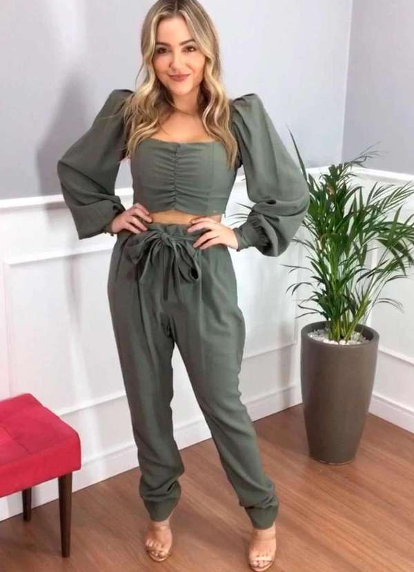 Limone - Conjunto Limone de Cropped Manga Bufante e Calca Balone Verde Verde