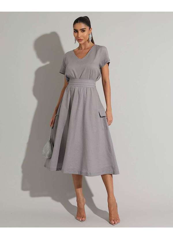 Miss Misses - Conjunto Miss Misses Blusa e Saia Midi Linho Chumbo Cinza 1