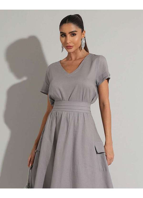 Miss Misses - Conjunto Miss Misses Blusa e Saia Midi Linho Chumbo Cinza 3