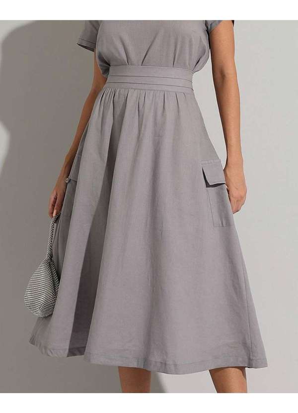 Miss Misses - Conjunto Miss Misses Blusa e Saia Midi Linho Chumbo Cinza 5