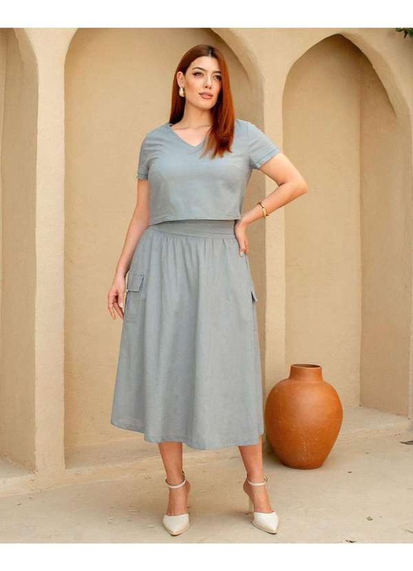 Miss Misses - Conjunto Miss Misses Blusa e Saia Midi Linho Chumbo Cinza 7