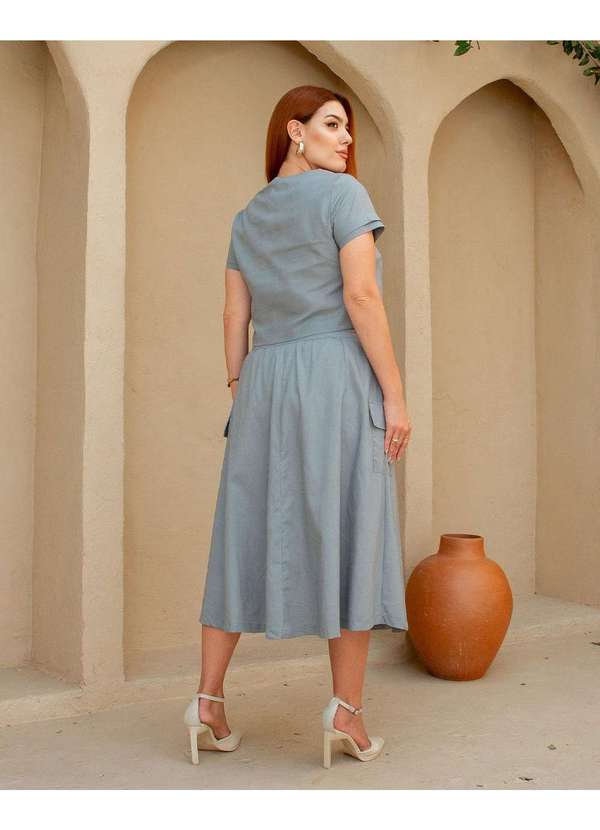 Miss Misses - Conjunto Miss Misses Blusa e Saia Midi Linho Chumbo Cinza 8