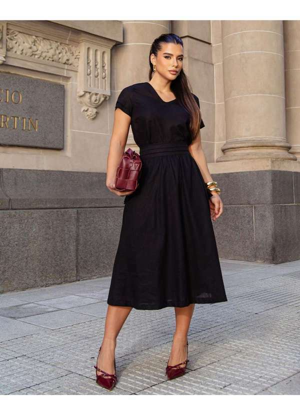 Miss Misses - Conjunto Miss Misses Blusa e Saia Midi Linho Preto Preto