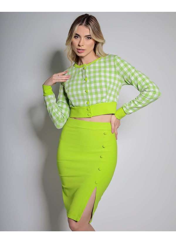 Miss Misses - Conjunto Miss Misses Liso com Detalhe de Xadrez Verde Verde