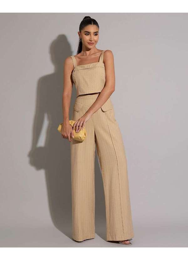 Miss Misses - Conjunto Miss Misses Risca de Giz Cropped e Calca Bege Bege