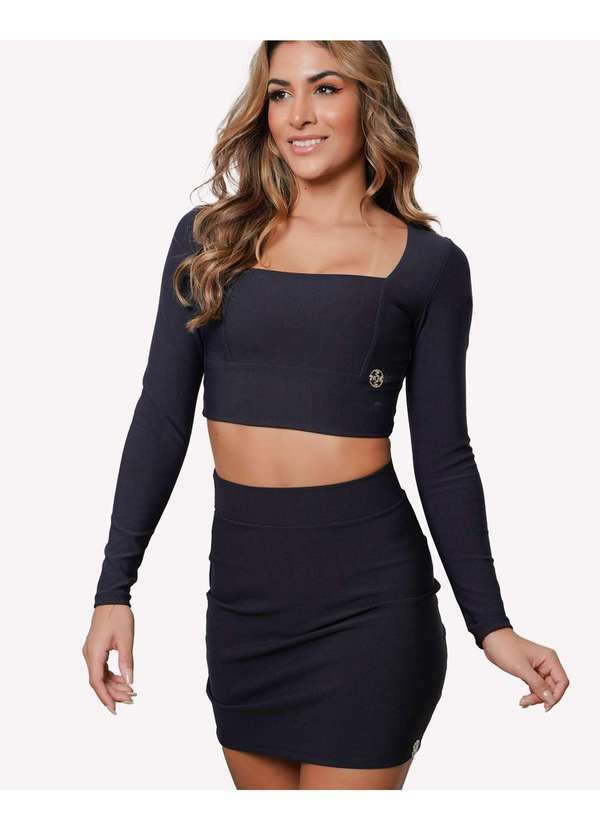 Miss Misses - Cropped Miss Misses Manga Longa Tiras Preto Preto