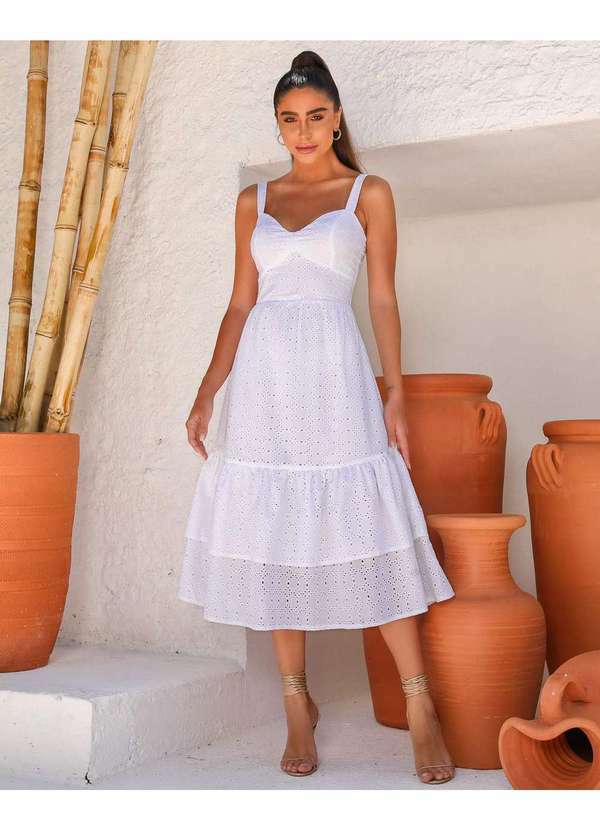 Dot Clothing - Vestido Dot Clothing Midi Laise Babado na Barra Offwhite Branco