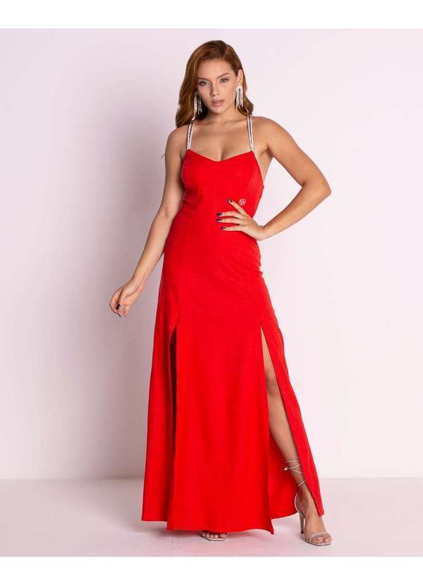 Miss Misses - Vestido Miss Misses Longo com Alca de Strass Vermelho Vermelho