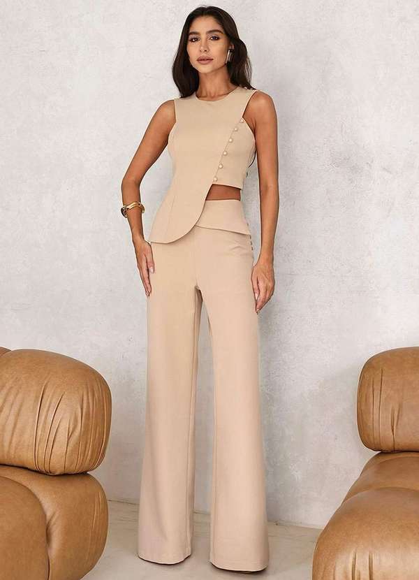 Dot Clothing - Conjunto Dot Clothing Alfaiataria Det Botao Bege