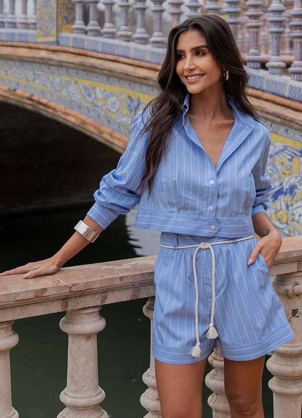 Dot Clothing - Conjunto Dot Clothing Lucy Camisa e Shorts Listrado Azul