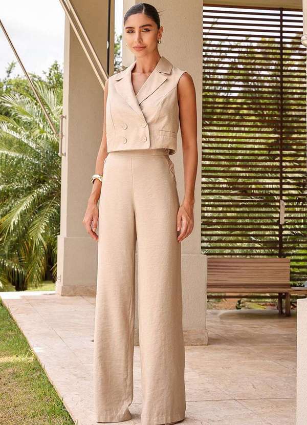 Dot Clothing - Conjunto Dot Clothing Malu Cropped e Pantalona Bege