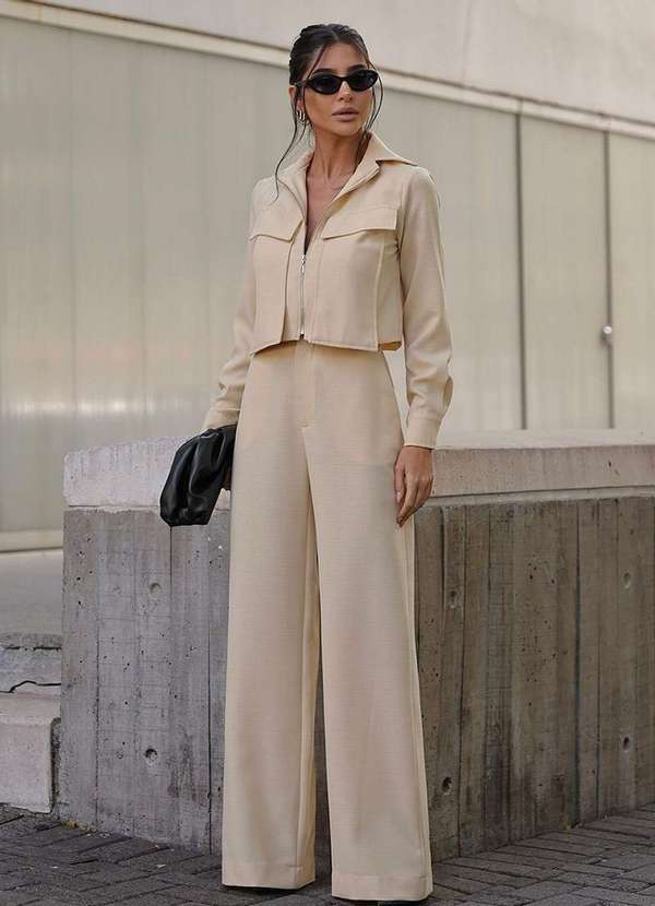 Dot Clothing - Conjunto Dot Clothing Pantalona Blusa Ziper Manteiga Branco
