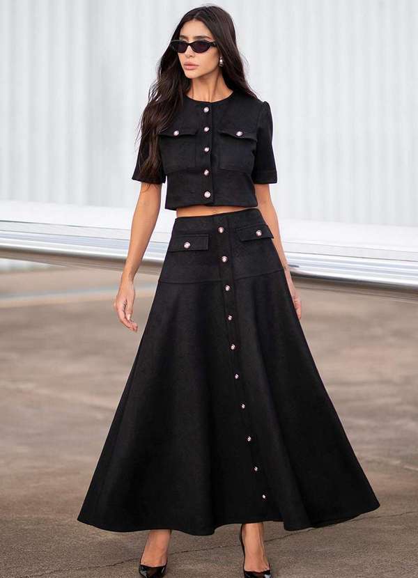 Dot Clothing - Conjunto Dot Clothing Saia Midi Suede Preto