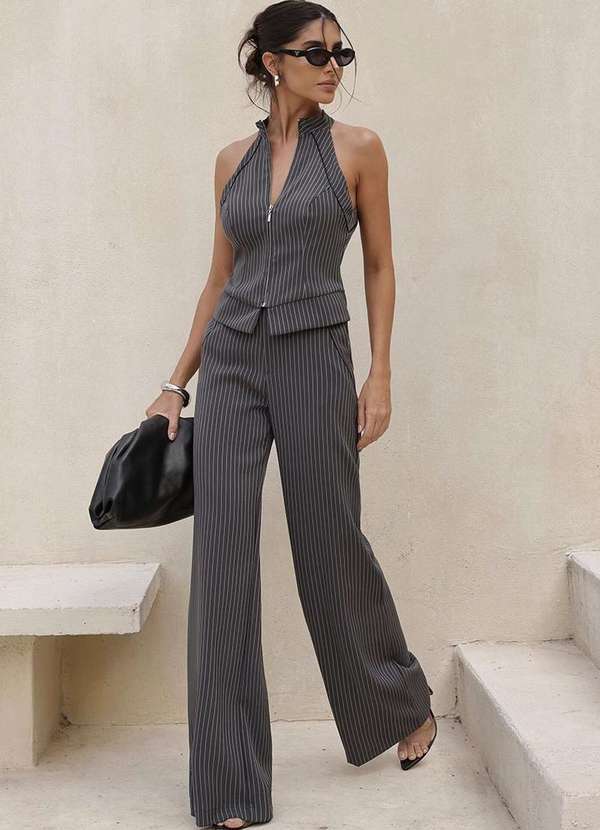 Dot Clothing - Conjunto Dot Clothing Selena Listrado Cinza