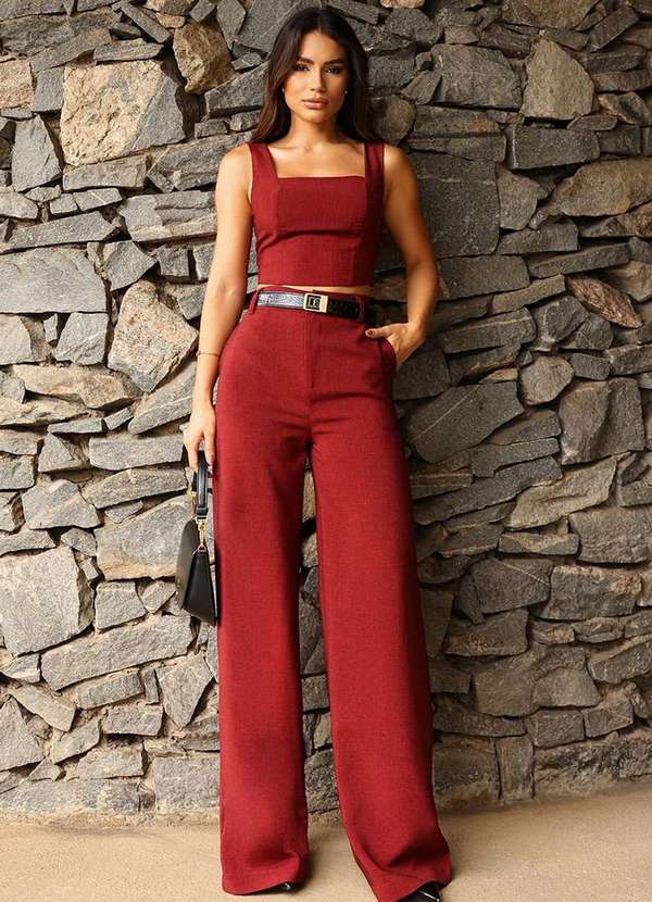 Dot Clothing - Conjunto Dot Clothing Sonia Cropped e Pantalona Vermelho