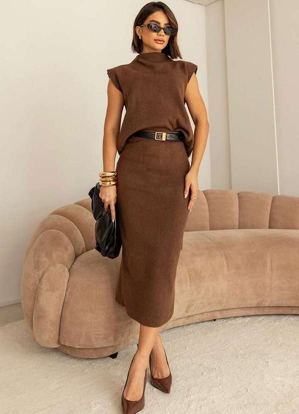 Dot Clothing - Conjunto Dot Clothing Tricot Midi Marrom