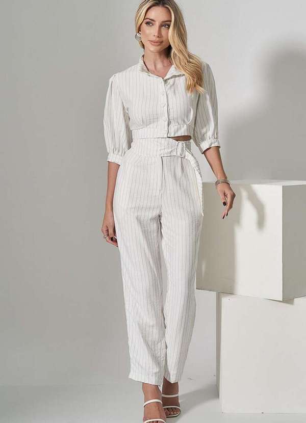 Miss Misses - Conjunto Miss Misses Cropped e Calca Risca de Giz Off White Branco