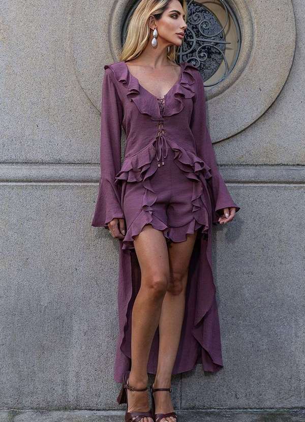 Miss Misses - Conjunto Shorts com Babado e Manga Longa Roxo