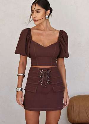 Short Alfaiataria Conjunto Blusa Curta E Saia Cintura Alta