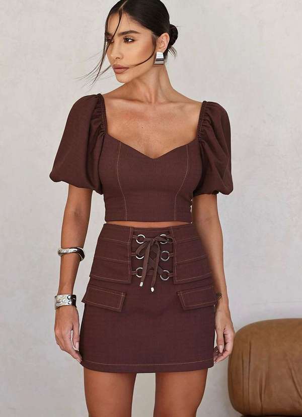 Dot Clothing - Conjunto Sonia Dot Clothing Cropped e Shorts Saia Marrom