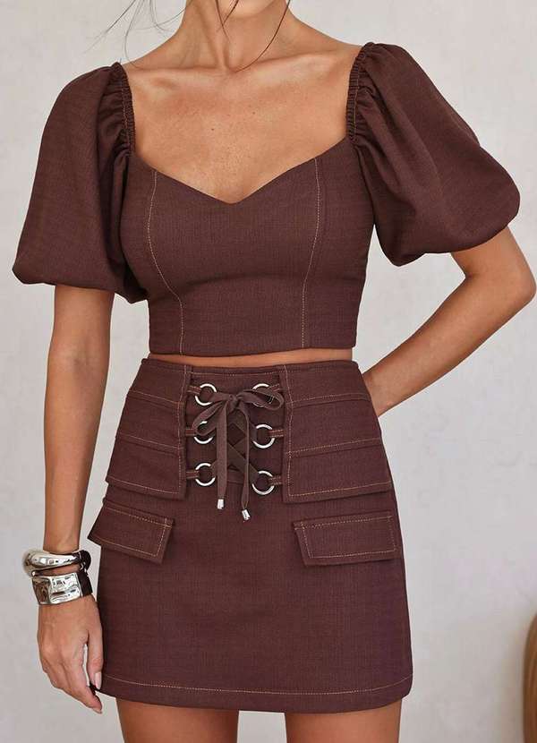 Dot Clothing - Conjunto Sonia Dot Clothing Cropped e Shorts Saia Marrom 3