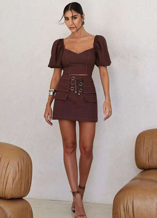 Dot Clothing - Conjunto Sonia Dot Clothing Cropped e Shorts Saia Marrom 6