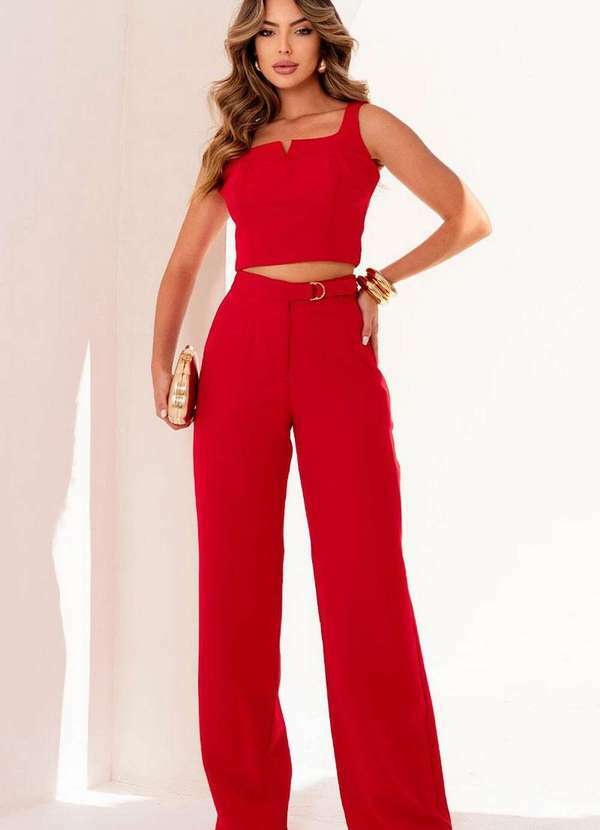 Miss Misses - Conjunto Tania Cropped e Calca C/Detalhe Metal Vermelho