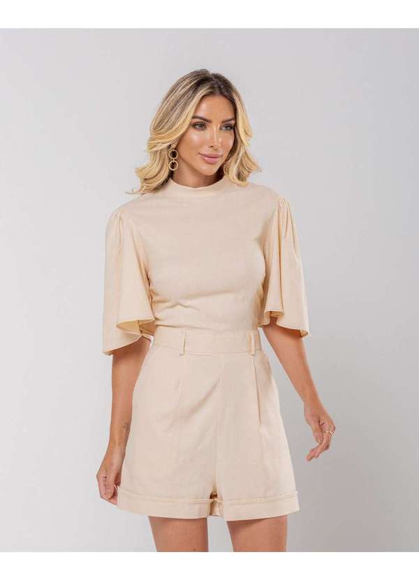 Miss Misses - Macaquinho Miss Misses Manga Gode Gola Alta Bege Bege