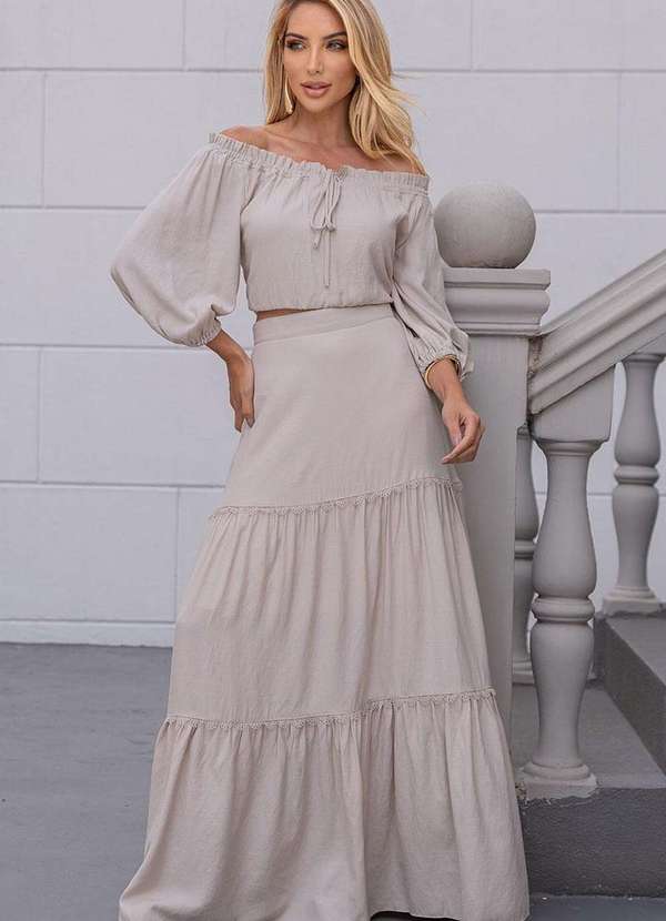 Miss Misses - Saia Joana Longa com Detalhe Guipir com Ziper Bege