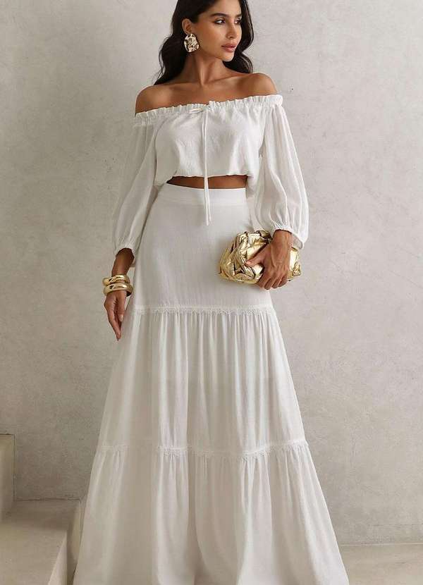 Miss Misses - Saia Joana Longa com Detalhe Guipir com Ziper Branco